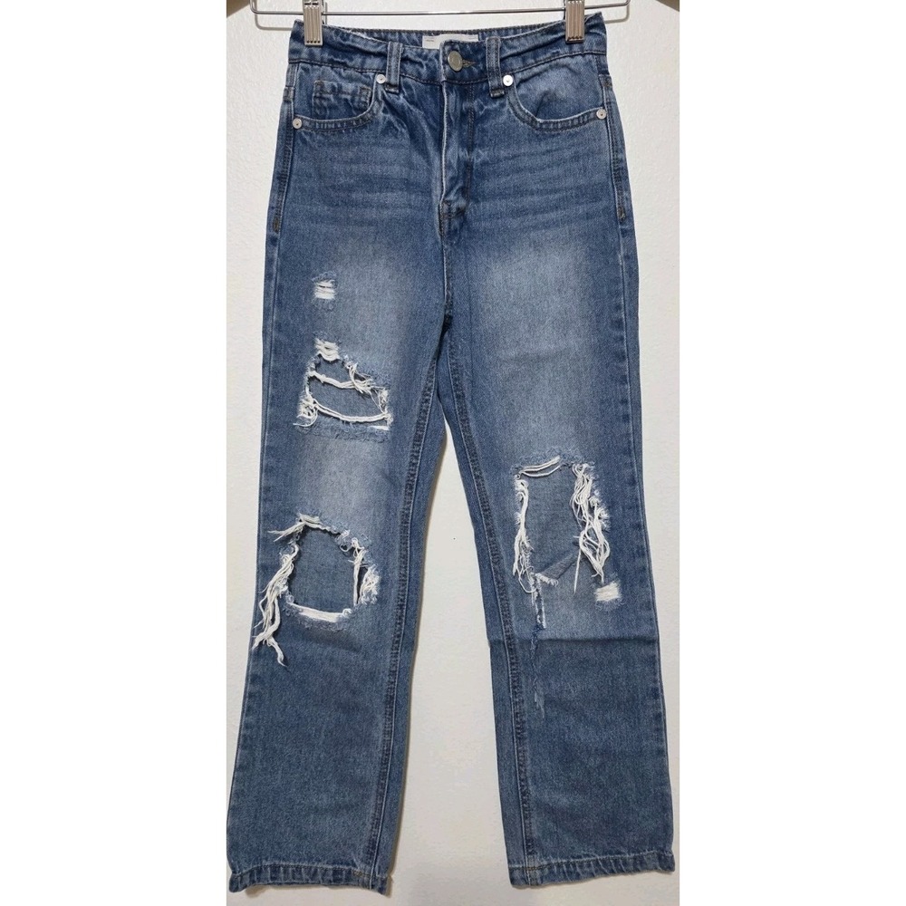 Habitual Girls 7/8 High Waist Jean Blue Denim Distressed Grunge Moto Punk Boho